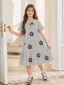 SHEIN Tween Girls Floral Striped Round Neck Loose A-Line Casual Short Sleeve Dress, Back To School, Graduation Ceremony - Black and White - View 6