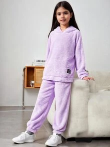SHEIN Tween Girls 2pcs Set - Solid Color Fuzzy Hooded Loose Autumn Winter Top & Extra Long Pants, Casual - Mauve Purple - View 4