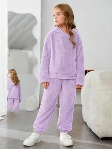 SHEIN Tween Girls 2pcs Set - Solid Color Fuzzy Hooded Loose Autumn Winter Top & Extra Long Pants, Casual - Mauve Purple - View 8