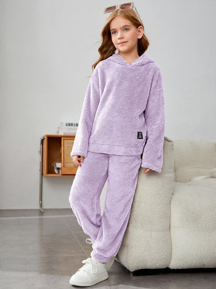SHEIN Tween Girls 2pcs Set - Solid Color Fuzzy Hooded Loose Autumn Winter Top & Extra Long Pants, Casual - Mauve Purple - View 1