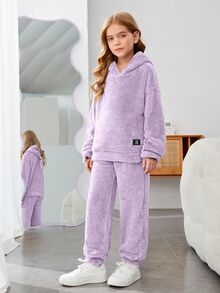 SHEIN Tween Girls 2pcs Set - Solid Color Fuzzy Hooded Loose Autumn Winter Top & Extra Long Pants, Casual - Mauve Purple - View 7