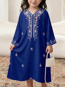 SHEIN 皇家藍花卉刺繡優雅女童長袍洋裝，秋季婚禮派對端莊卡夫坦，女童長袖長款祈禱賈拉比亞，復古風 - 彩色 - 查看 7