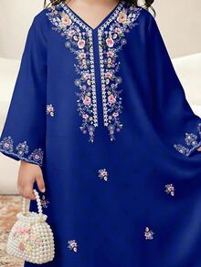 SHEIN 皇家藍花卉刺繡優雅女童長袍洋裝，秋季婚禮派對端莊卡夫坦，女童長袖長款祈禱賈拉比亞，復古風 - 彩色 - 查看 5