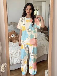 SHEIN Tween 女童休闲花卉和熊图案圆领短袖上衣和裤子睡衣套装，适合春夏季 - 彩色 - 查看 1