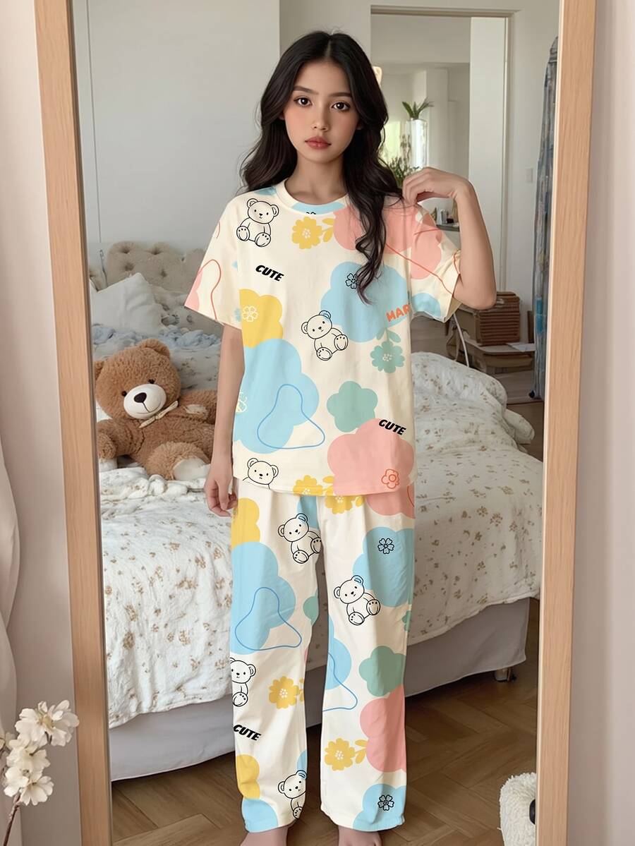 SHEIN Tween 女童休闲花卉和熊图案圆领短袖上衣和裤子睡衣套装,适合春夏季 - 彩色 - 查看 1