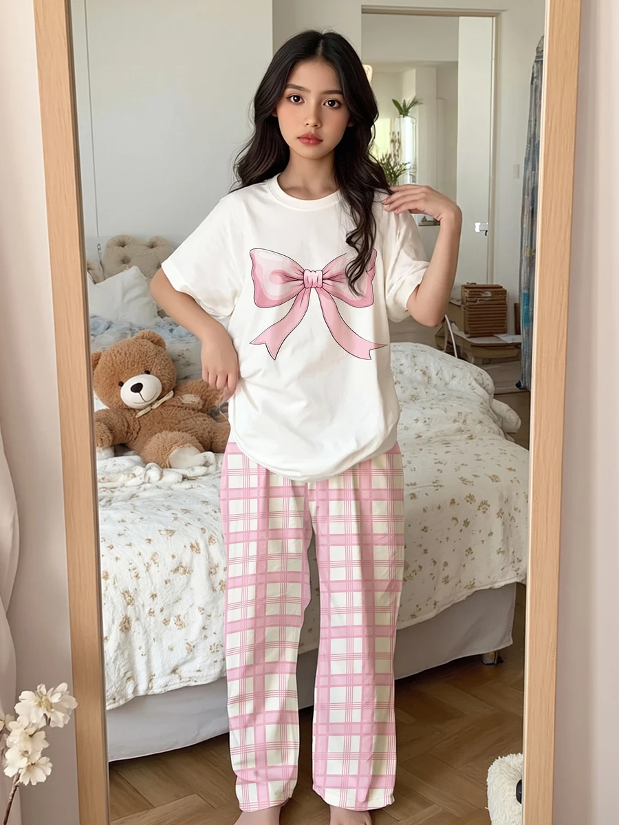 SHEIN Dozemod 女童 Tween 简约蝴蝶结装饰圆领短袖 T 恤和格子图案宽松直筒睡裤 2 件套 - 淺粉色 - 查看 1