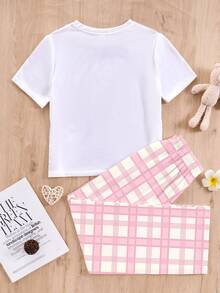 SHEIN Dozemod 女童 Tween 简约蝴蝶结装饰圆领短袖 T 恤和格子图案宽松直筒睡裤 2 件套 - 淺粉色 - 查看 2
