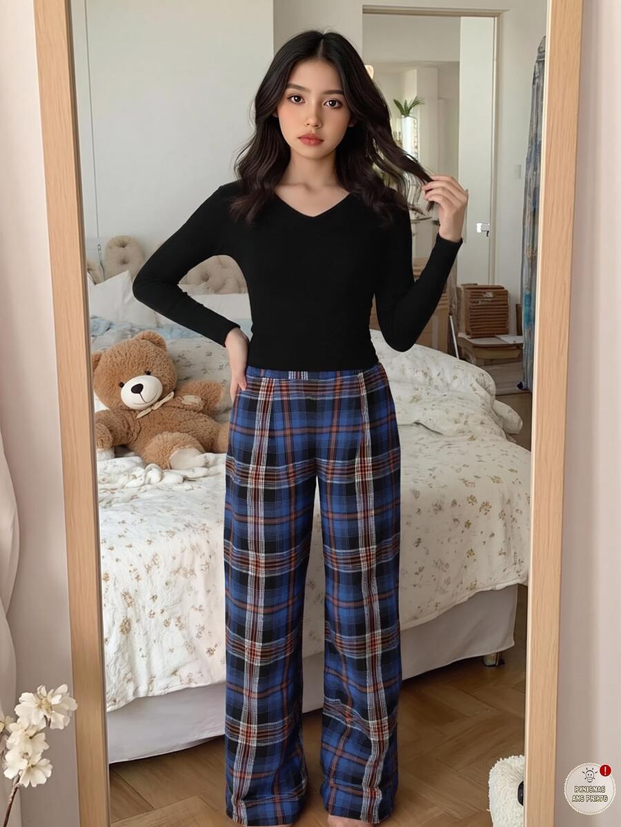 SHEIN 2件組 青少年女孩可愛羅紋V領長袖T恤與格紋長褲睡衣套裝，舒適秋冬返校居家休閒睡衣服飾 - 藏蓝色 - 查看 1