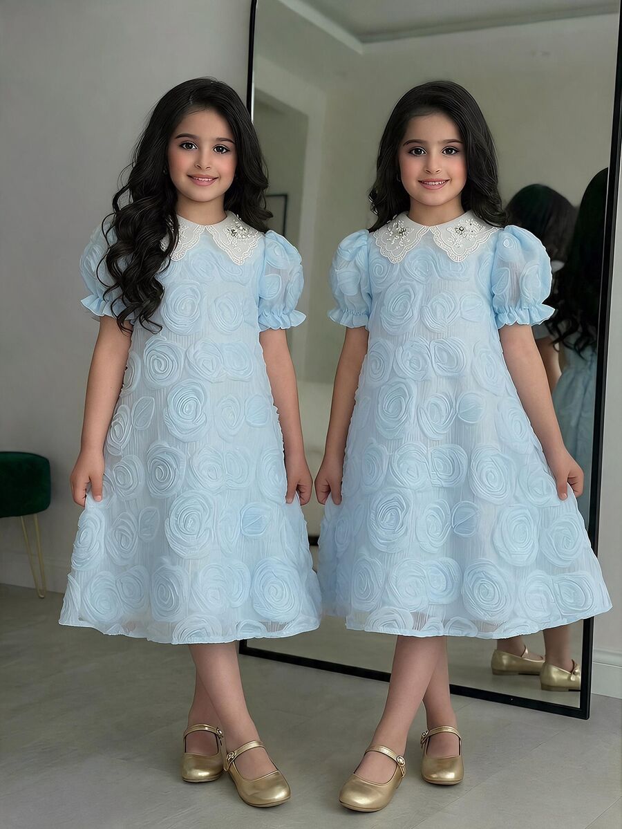 SHEIN Young Girl Elegant Floral Mesh Dress - Blue - View 1