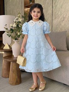 SHEIN Young Girl Elegant Floral Mesh Dress - Blue - View 5