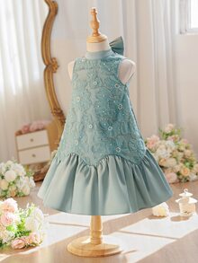 SHEIN Young Girl Woven Mesh 3D Flower & Bow Ruffle Hem Sleeveless Casual Dress - Blue - View 11