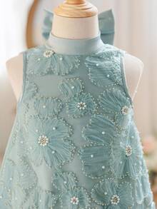 SHEIN Young Girl Woven Mesh 3D Flower & Bow Ruffle Hem Sleeveless Casual Dress - Blue - View 6
