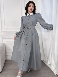 SHEIN Teen Girl Casual Minimalist Comfortable Collared Color Block Striped Puff Sleeve Dress - Multicolor - View 1