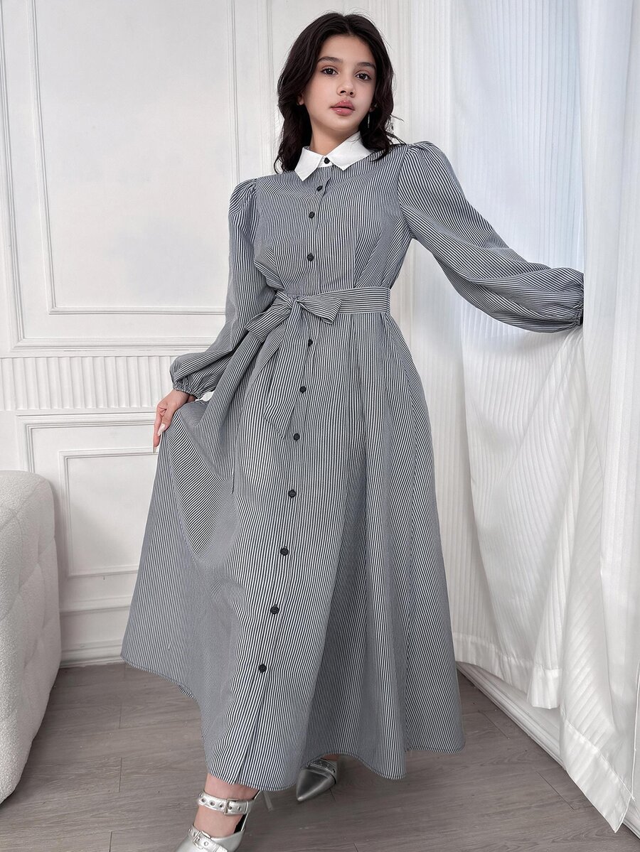 SHEIN Teen Girl Casual Minimalist Comfortable Collared Color Block Striped Puff Sleeve Dress - Multicolor - View 1