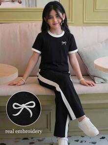 SHEIN Tween Girl Spring/Summer Casual 80s Cool Girl Elegant Color Block Patchwork Round Neck Loose Bow Embroidery Top And Wide Leg Pants Set Black And White - Black and White - View 1