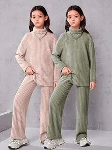 SHEIN 青少年女孩 4件組 寬鬆復古針織高領羅紋長袖T恤與寬腿秋季長褲兩件套 - 彩色 - 查看 1