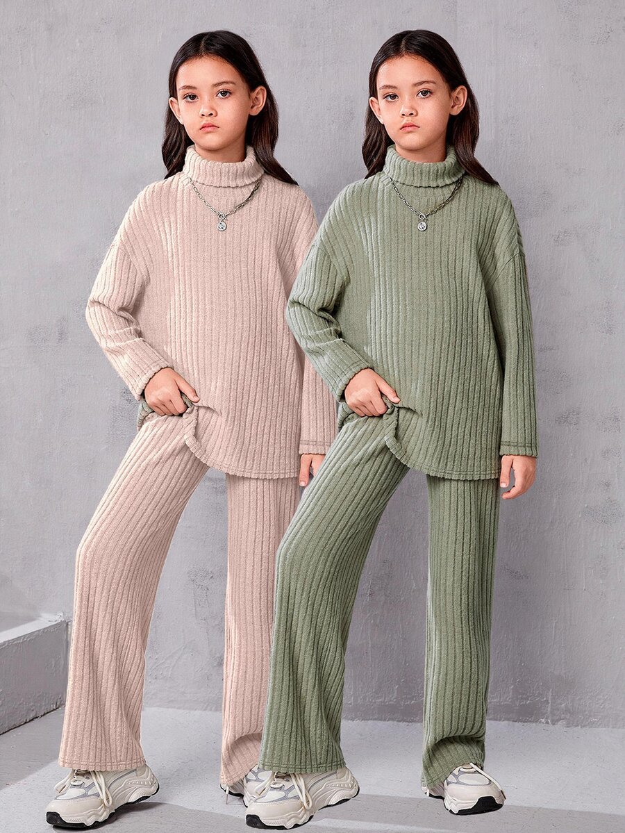 SHEIN 青少年女孩 4件組 寬鬆復古針織高領羅紋長袖T恤與寬腿秋季長褲兩件套 - 彩色 - 查看 1
