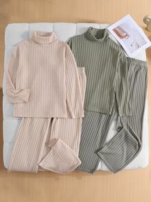SHEIN 青少年女孩 4件組 寬鬆復古針織高領羅紋長袖T恤與寬腿秋季長褲兩件套 - 彩色 - 查看 7