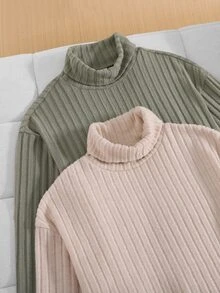 SHEIN 青少年女孩 4件組 寬鬆復古針織高領羅紋長袖T恤與寬腿秋季長褲兩件套 - 彩色 - 查看 6