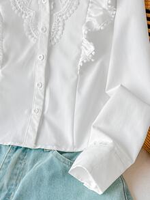 SHEIN 少女白色休閒甜美蕾絲拼接荷葉邊長袖上衣，少女套裝，返校穿搭 - 白色 - 查看 5