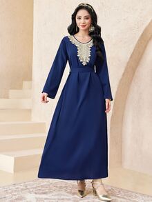SHEIN Teen Girl Blue Elegant Luxury Long Dress With Gold Ribbon Mesh Cardigan 2 Pieces Set - Blue - View 8