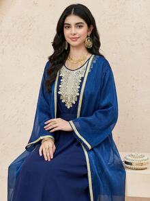 SHEIN Teen Girl Blue Elegant Luxury Long Dress With Gold Ribbon Mesh Cardigan 2 Pieces Set - Blue - View 4