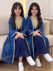 SHEIN Teen Girl Blue Elegant Luxury Long Dress With Gold Ribbon Mesh Cardigan 2 Pieces Set - Blue - View 7