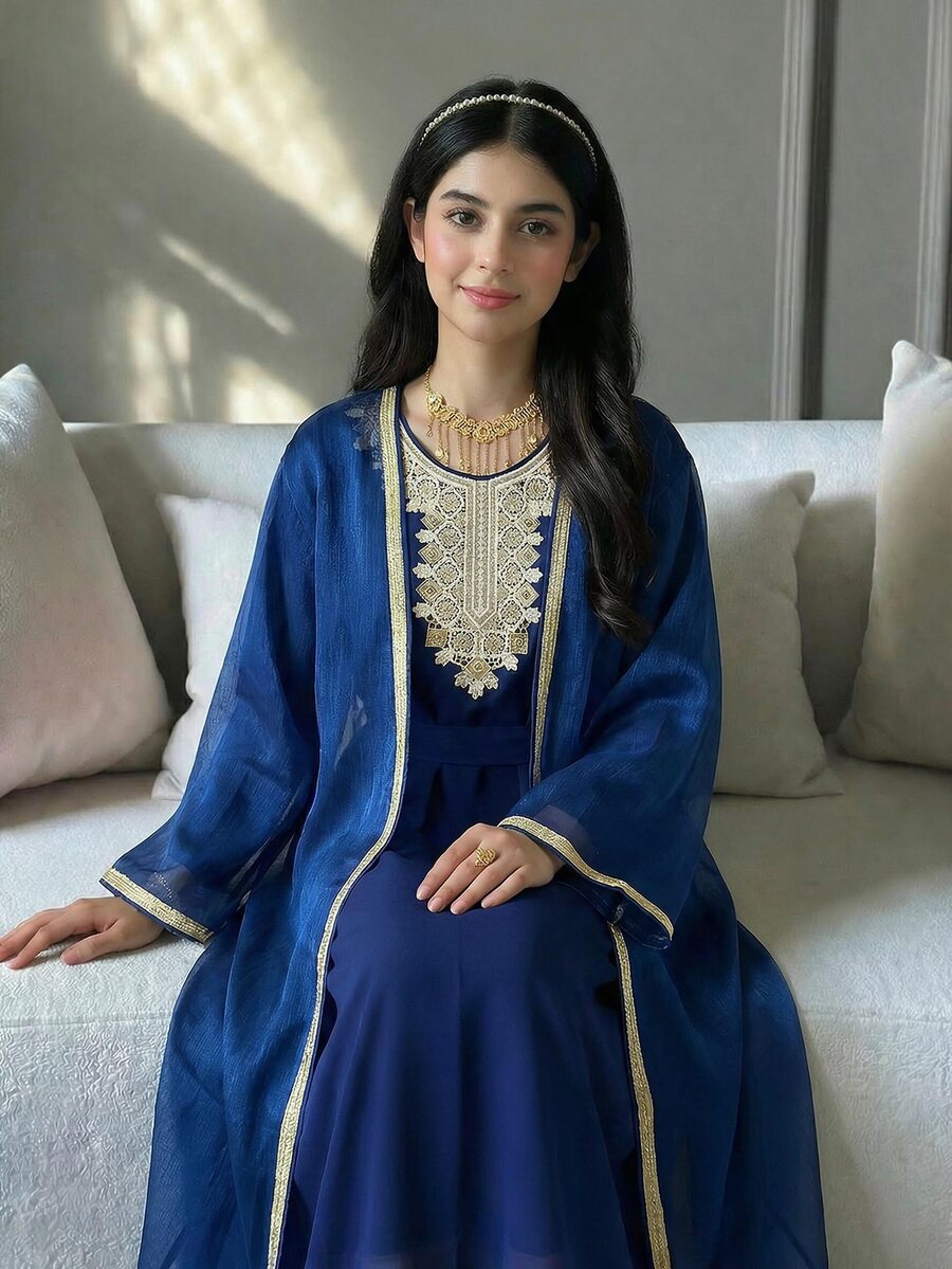 SHEIN Teen Girl Blue Elegant Luxury Long Dress With Gold Ribbon Mesh Cardigan 2 Pieces Set - Blue - View 1