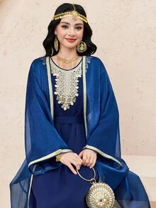 SHEIN Teen Girl Blue Elegant Luxury Long Dress With Gold Ribbon Mesh Cardigan 2 Pieces Set - Blue - View 5