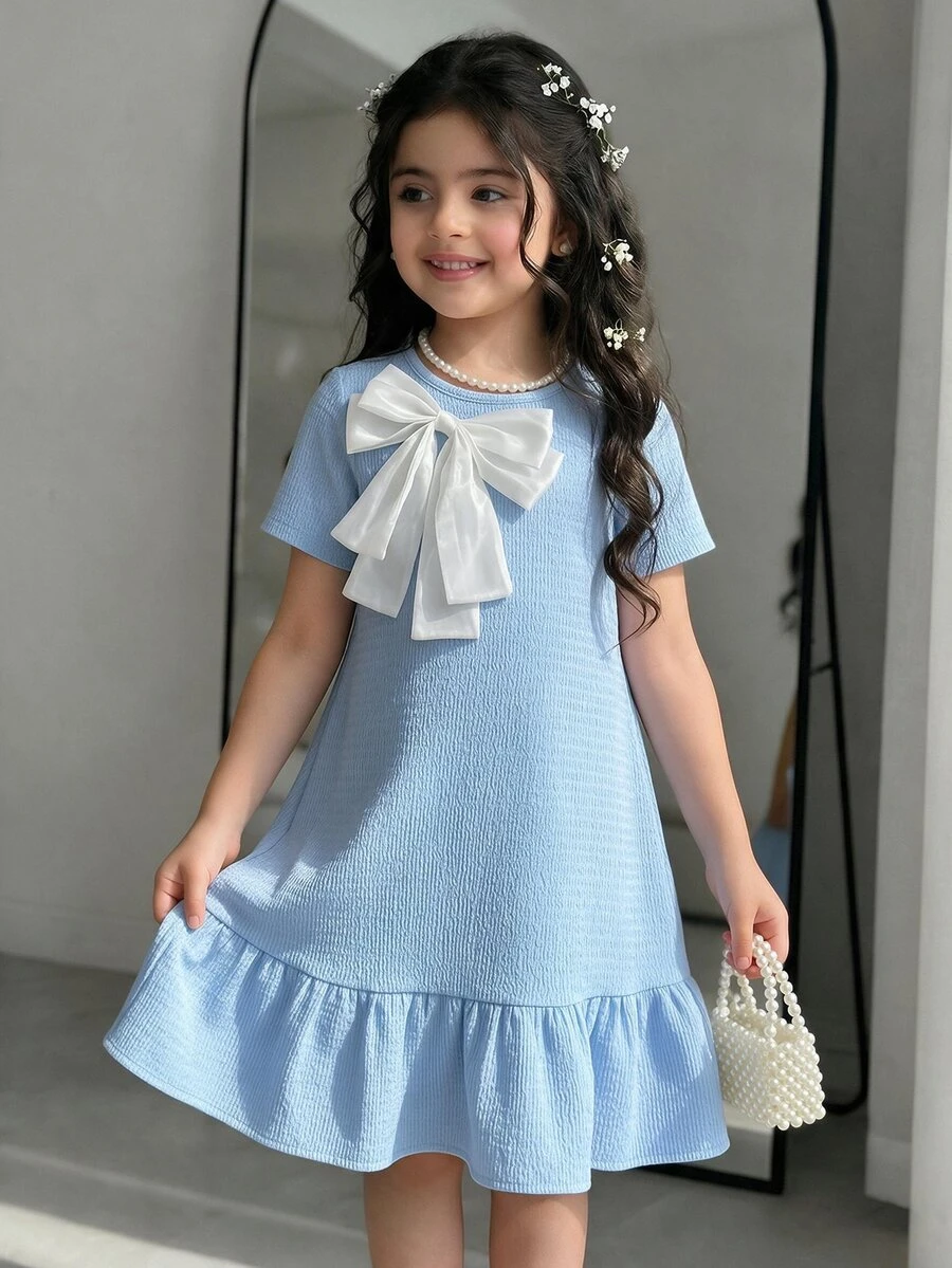 SHEIN Young Girl Casual Daily Versatile Comfortable Loose Round Neck Striped Ruffle Hem Dress Young Girl - Blue - View 1