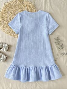 SHEIN Young Girl Casual Daily Versatile Comfortable Loose Round Neck Striped Ruffle Hem Dress Young Girl - Blue - View 2