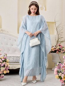SHEIN Sky Blue,Summer,Elegant,Party, Al-Adha Teen Girls Arabic Abaya Turkish,Fringe Middle Eastern Kaftan,Modest Long Dress,Loose Round Neck - Baby Blue - View 4