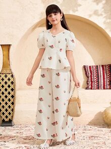 SHEIN Tween Girl Floral Printed Elegant Tank Top & Straight Leg Pants Set, Tween Girl - White - View 3