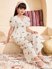SHEIN Tween Girl Floral Printed Elegant Tank Top & Straight Leg Pants Set, Tween Girl - White - View 5