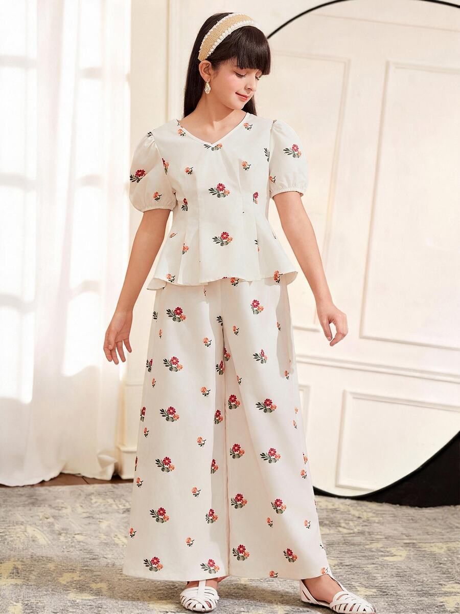 SHEIN Tween Girl Floral Printed Elegant Tank Top & Straight Leg Pants Set, Tween Girl - White - View 1