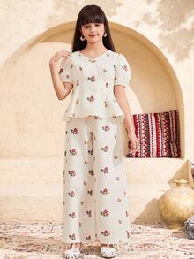 SHEIN Tween Girl Floral Printed Elegant Tank Top & Straight Leg Pants Set, Tween Girl - White - View 2