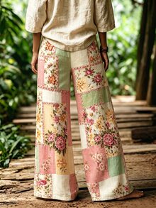 Selamara Women's Casual Boho Cottage Floral Print Wide Leg Pants Picnic Garden Party Dusty Pink Autumn - Multicolor - View 2