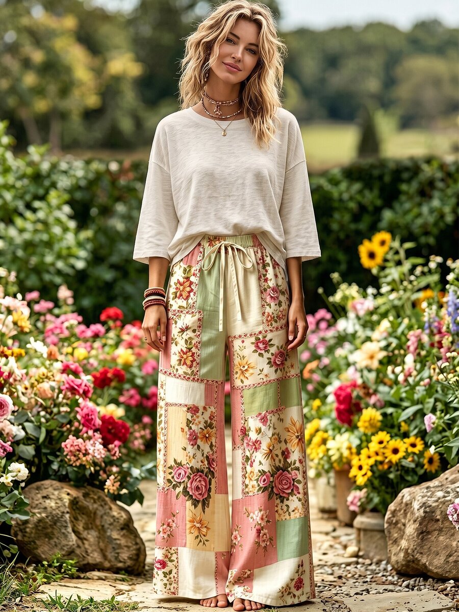 Selamara Women's Casual Boho Cottage Floral Print Wide Leg Pants Picnic Garden Party Dusty Pink Autumn - Multicolor - View 1