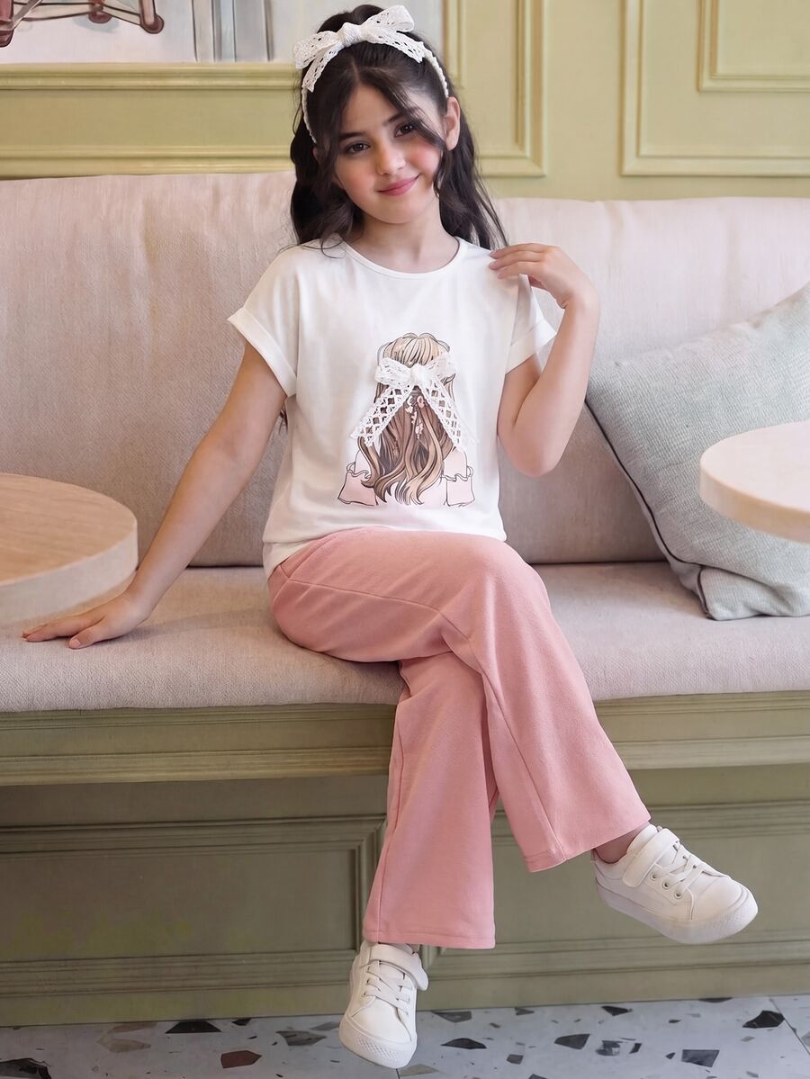 SHEIN Tween Girl Casual Cute Cartoon Girl Pattern Lace Bow Loose T-Shirt And Matching Pants Set Tween Girl - Pink - View 1
