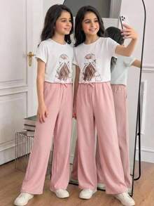 SHEIN Tween Girl Casual Cute Cartoon Girl Pattern Lace Bow Loose T-Shirt And Matching Pants Set Tween Girl - Pink - View 4