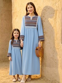 SHEIN Teen Girl Casual Vacation Striped Retro Print Patchwork Tassel Tie Loose Long Sleeve Ruched Dress, Light Blue - Blue - View 3
