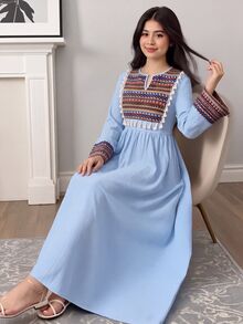 SHEIN Teen Girl Casual Vacation Striped Retro Print Patchwork Tassel Tie Loose Long Sleeve Ruched Dress, Light Blue - Blue - View 1