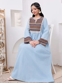 SHEIN Teen Girl Casual Vacation Striped Retro Print Patchwork Tassel Tie Loose Long Sleeve Ruched Dress, Light Blue - Blue - View 4