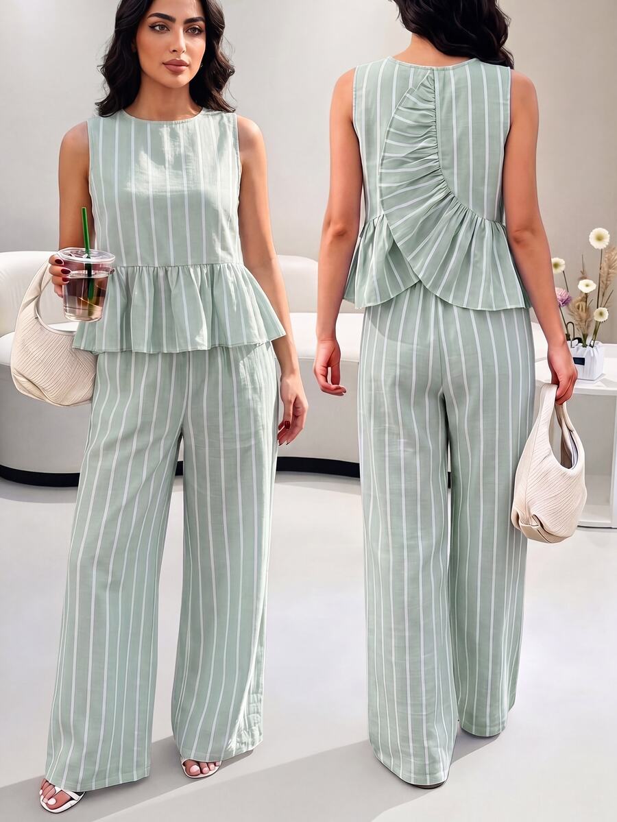SHEIN Teen Girl Casual Daily Versatile Comfortable Fitted Striped Round Neck Ruffle Top And Long Pants Set - Mint Green - View 1