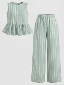 SHEIN Teen Girl Casual Daily Versatile Comfortable Fitted Striped Round Neck Ruffle Top And Long Pants Set - Mint Green - View 4