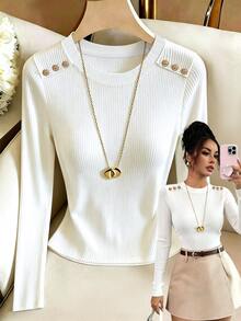 SHEIN Franclia 女款白色羅紋圓領肩部鈕扣長袖T恤，修身彈性顯身材，早秋通勤辦公針織打底上衣 - 白色 - 查看 4