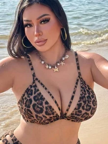 SHEIN Swim Plus Size Women Solid Color Bikini Top, Suitable For Beach Vacation Party Gym Wear In Summer Brown Leopard Print Sexy Tropical Greek Goddess - Multicolor - View 1