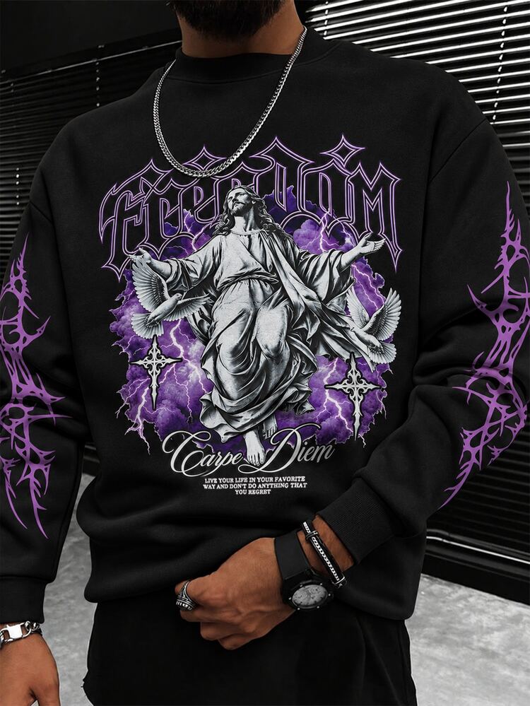Manfinity Roghcode Men's Streetwear Hot-Selling Gothic Pattern Dark Graphic Pullover Sweatshirt, Boyfriend/Husband Anniversary Gift - Black - View 1
