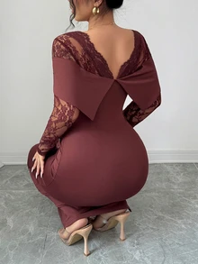 Cirelune Sexy Lace Patchwork Square Neck Backless Long Sleeve Slim Fit Waist-Cinched Slit Elegant Evening Dress Plus Size Dress For Women Fall - Brown - View 4