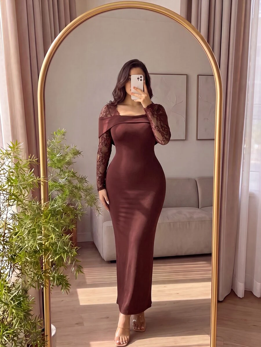 Cirelune Sexy Lace Patchwork Square Neck Backless Long Sleeve Slim Fit Waist-Cinched Slit Elegant Evening Dress Plus Size Dress For Women Fall